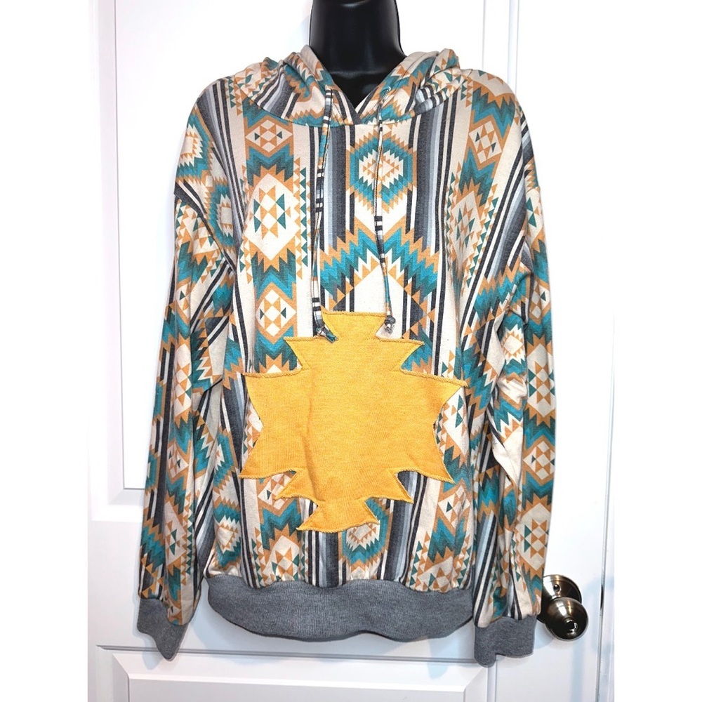 Crazy Train yellow/blue/grey Aztec print hoodie